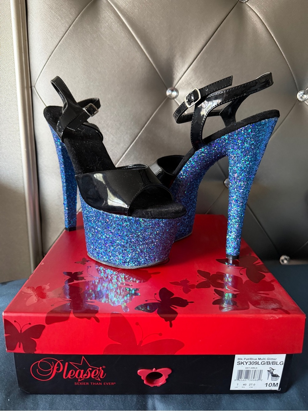 Pleaser Blue Glitter Platform Sky Sandal with Black Patent Straps